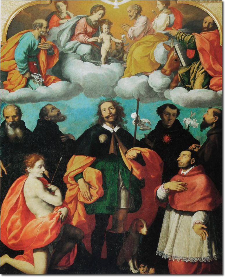 San Rocco invoca la Sacra Famiglia in un consesso di Santi